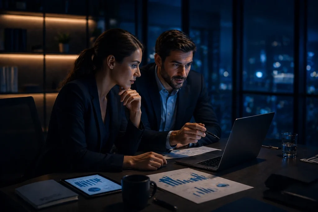 Deux professionnels analysant des graphiques business dans un bureau moderne aux tons bleu nuit