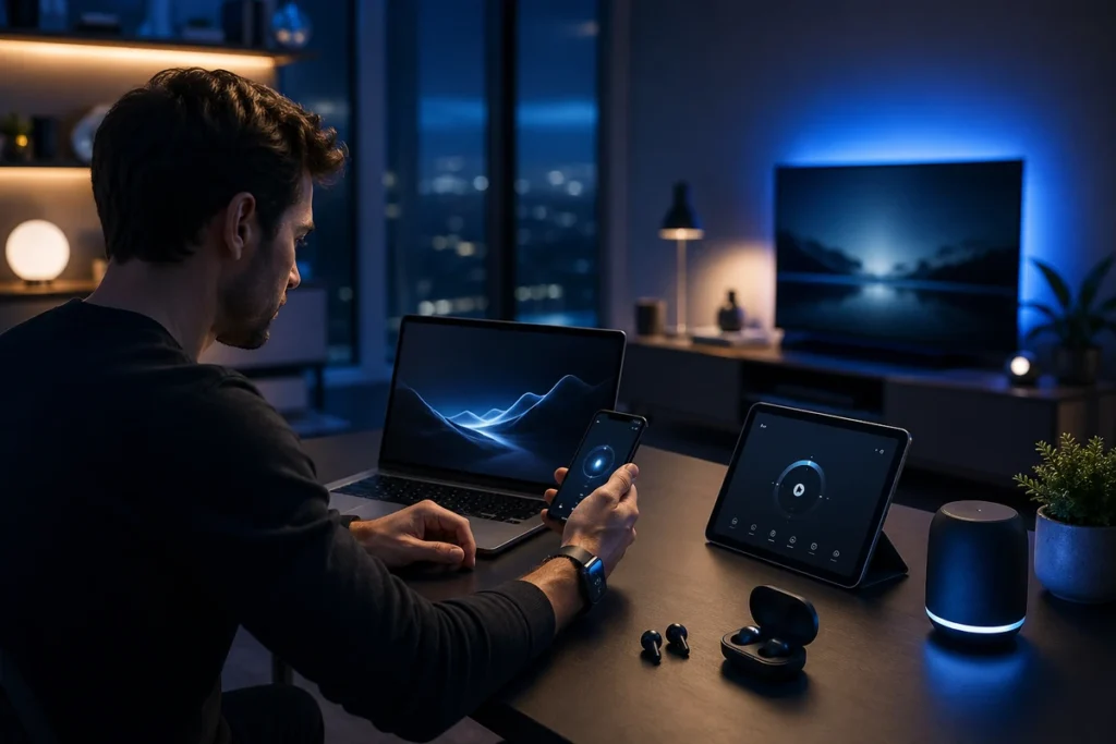 Homme utilisant des appareils high-tech connectés dans un espace moderne aux tons bleu nuit