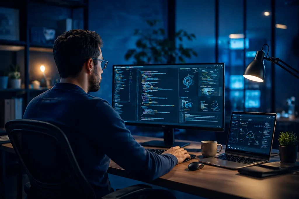 Développeur travaillant sur des écrans de code dans un bureau informatique moderne aux tons bleu nuit