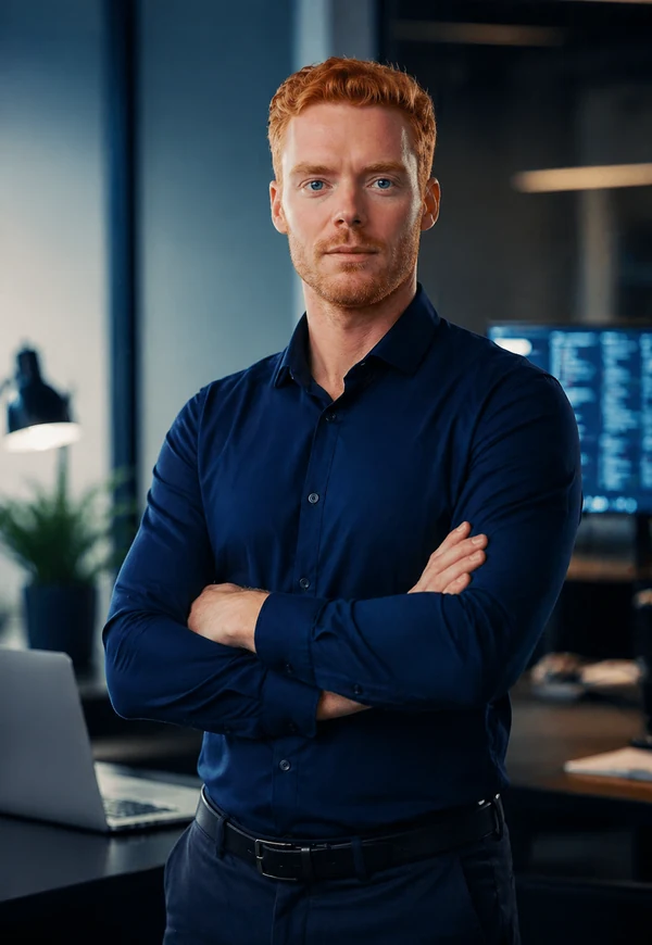 Portrait d’un professionnel du numérique dans un bureau moderne aux tons bleu nuit